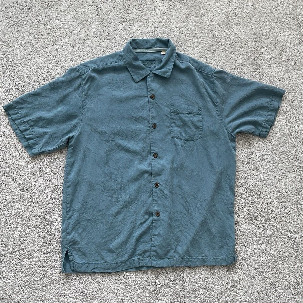 Tommy Bahama Shirt Mens Medium Blue Floral Textured 100% Silk Cool Relaxed Loose